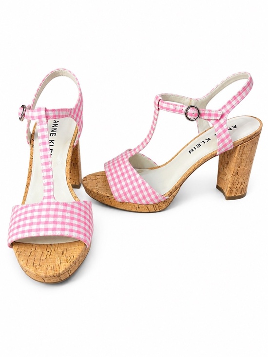 Anne Klein Shoes - Anne Klein Pink Gingham Cork Platform T-Strap Block Heel Sandals Size 7.5